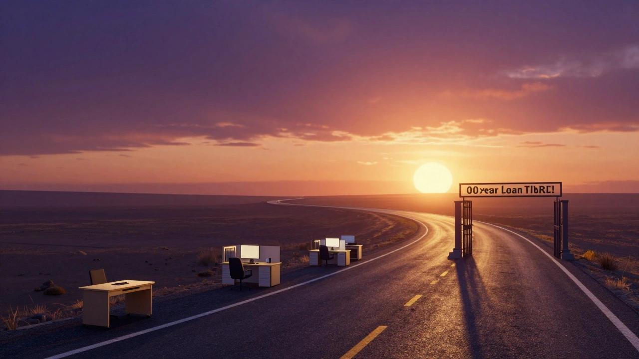 Artistic illustration of a long winding road leading toward a sunrise, representing a 40-year loan term.
