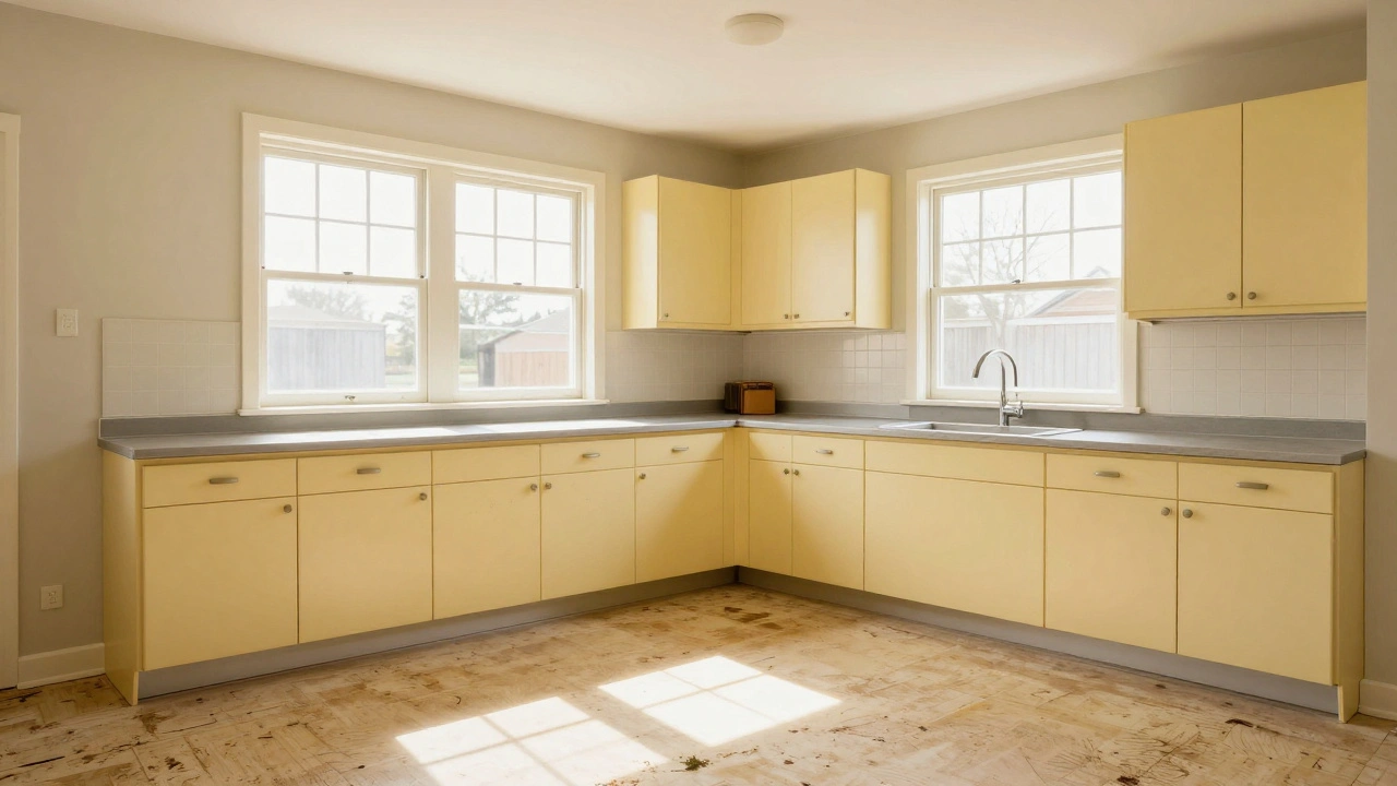 Bright interior of an older student kitchen with vintage cabinets and sunlight streaming through the window.
