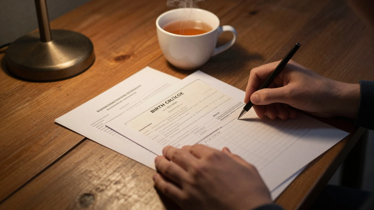 Close-up of a person organizing financial documents and certificates on a table.