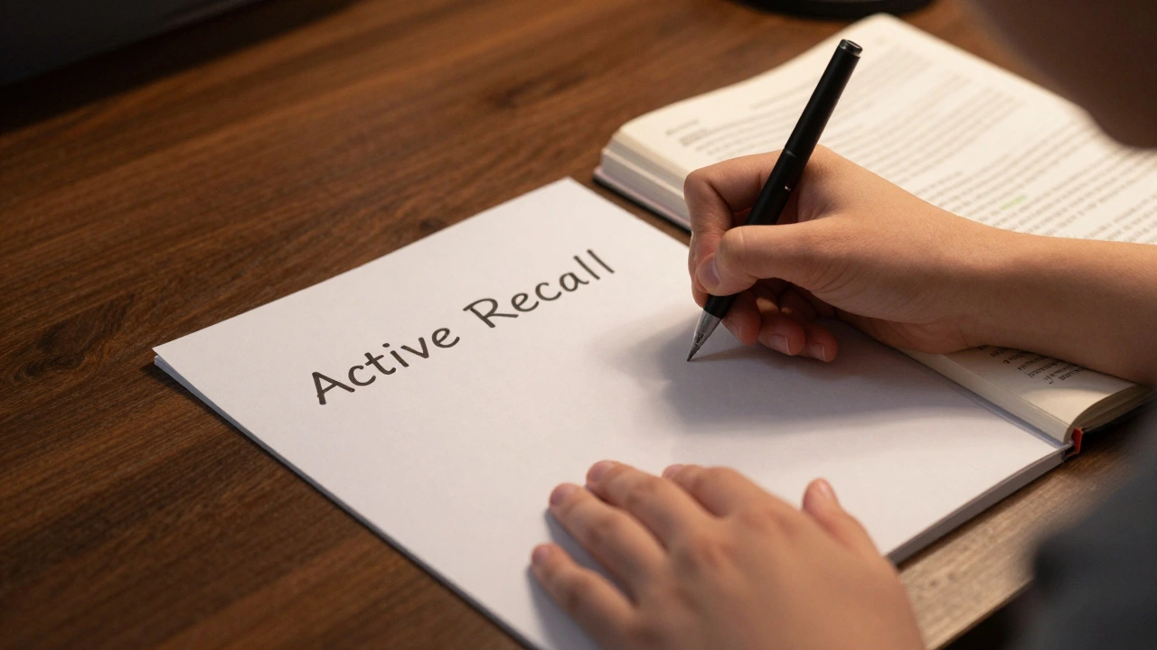 Close-up of a student writing on a blank page for active recall study during a cozy evening