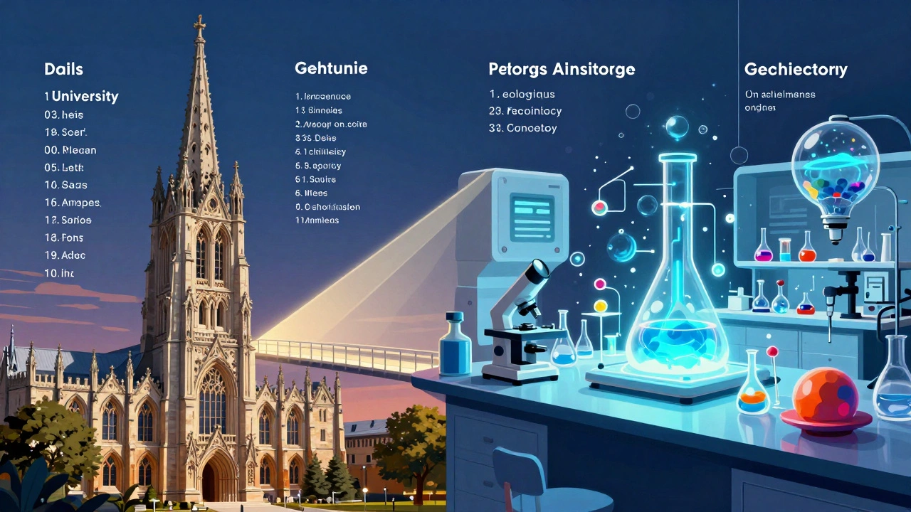 Comparison between a traditional university spire and a modern specialized academic lab.