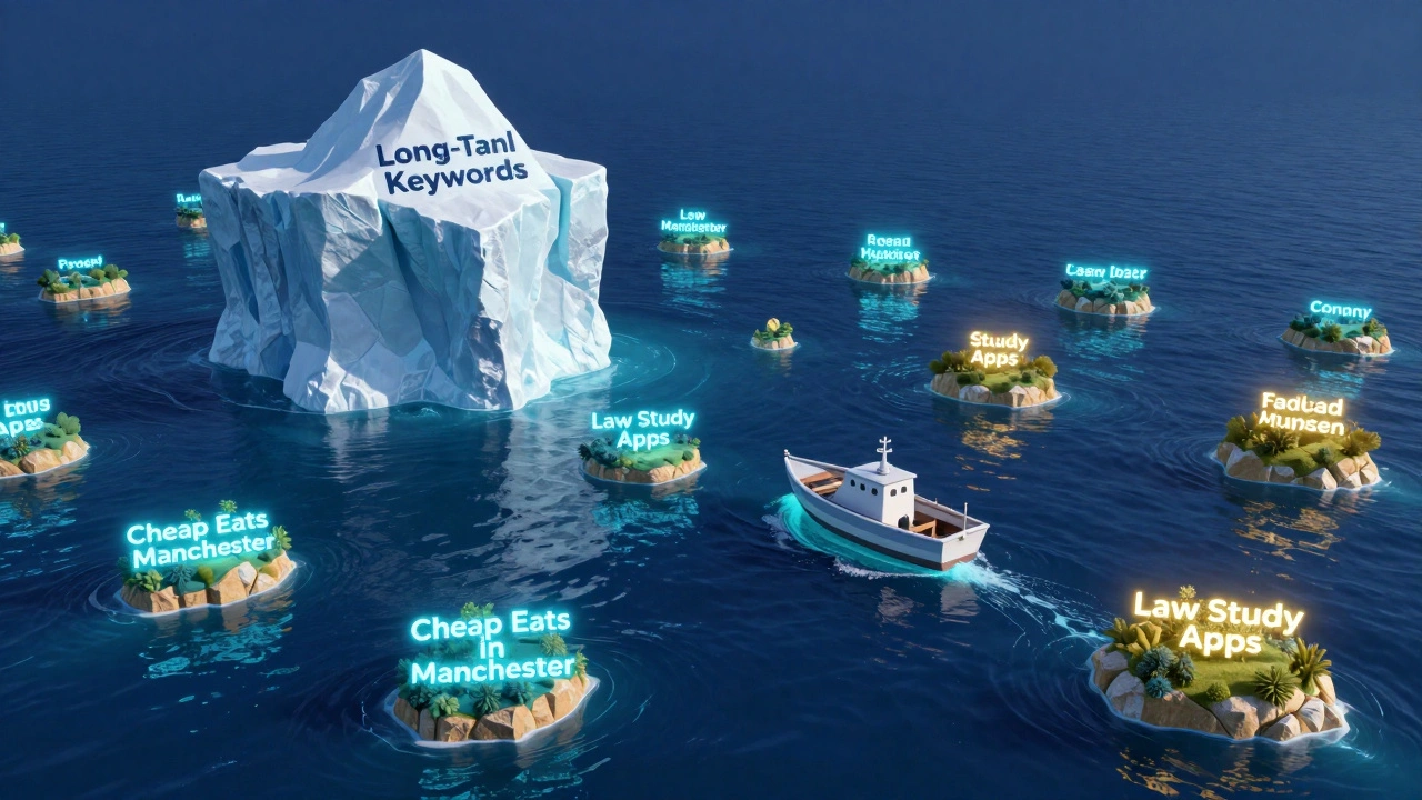 Conceptual 3D art showing a digital boat reaching a glowing niche keyword island.