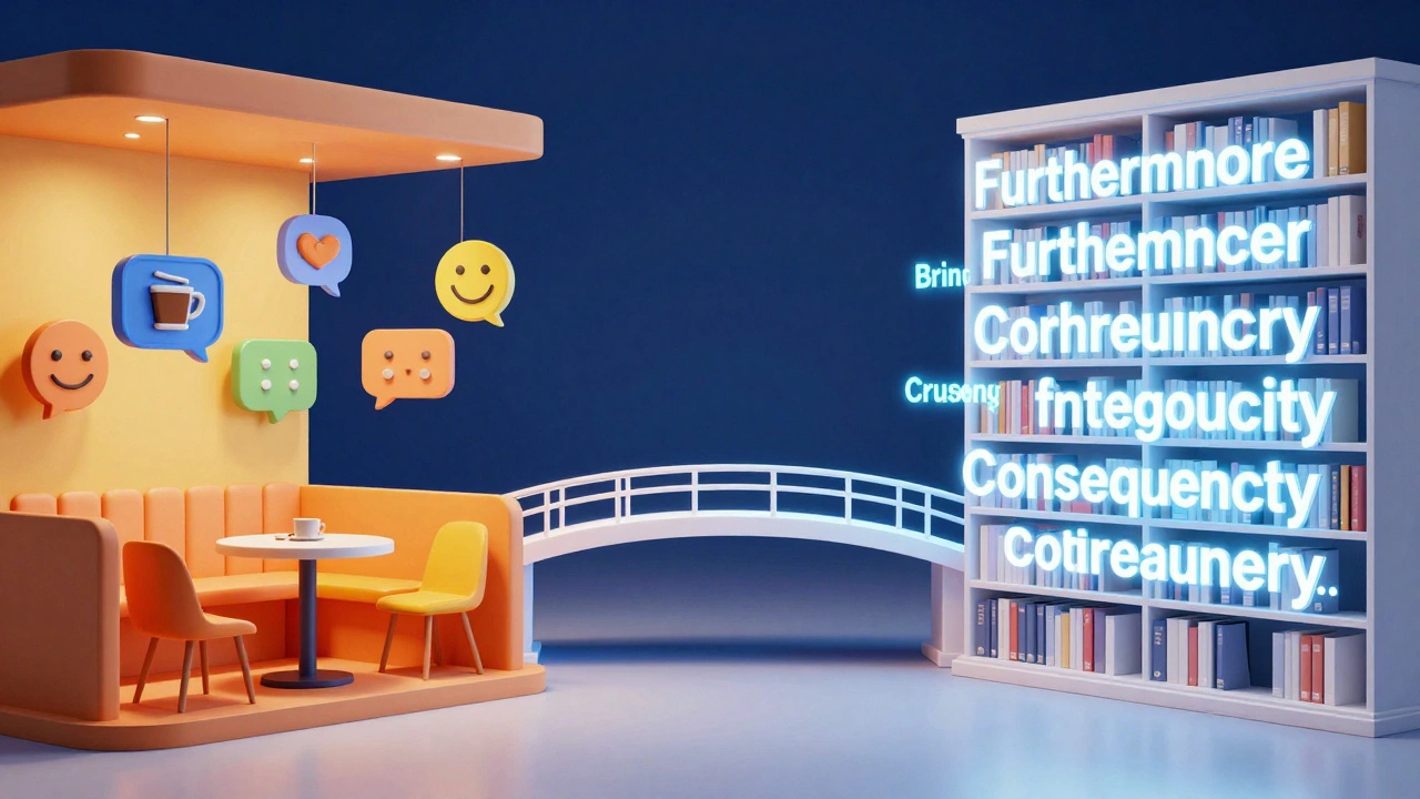 Conceptual 3D render showing the transition from conversational English to academic English.