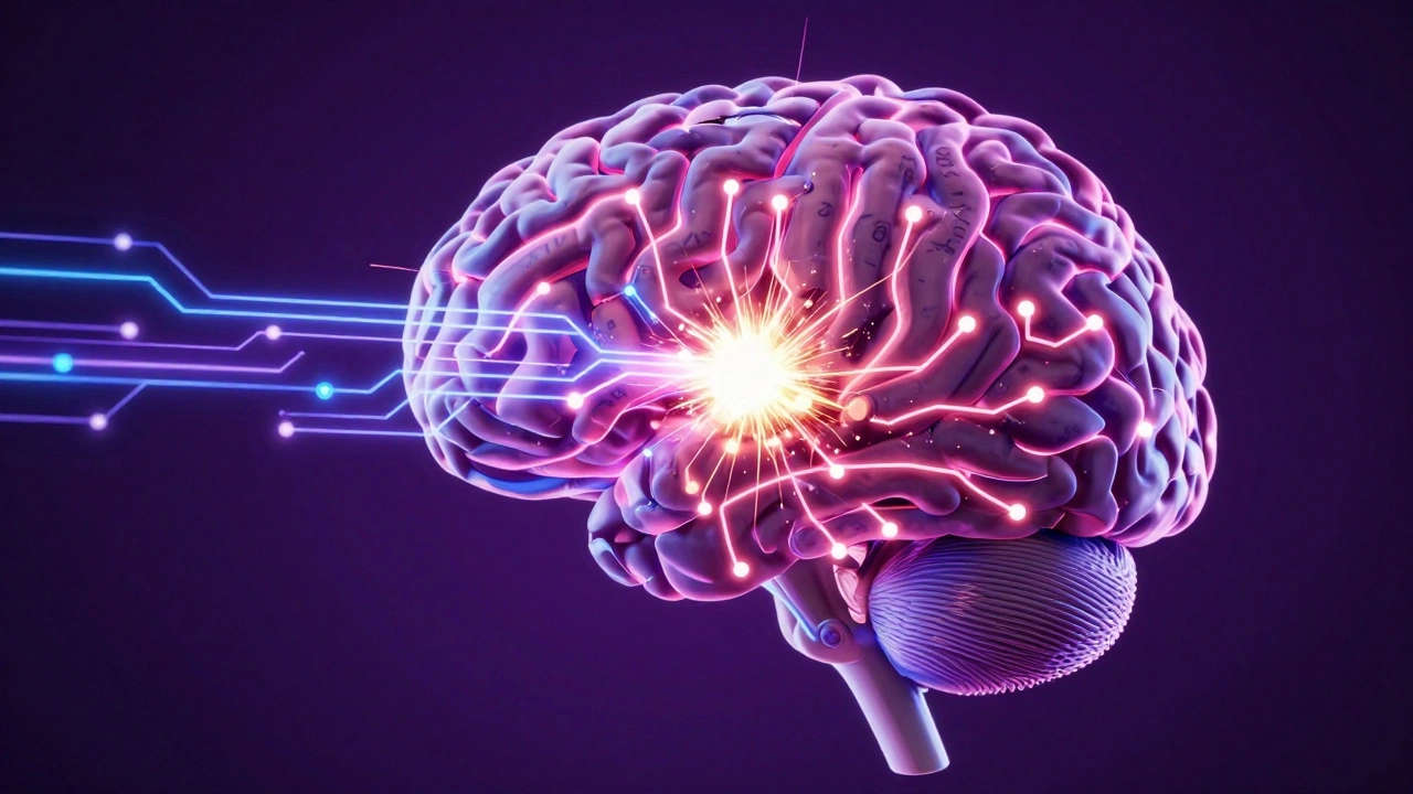 Conceptual art of two data streams colliding in a glowing human brain