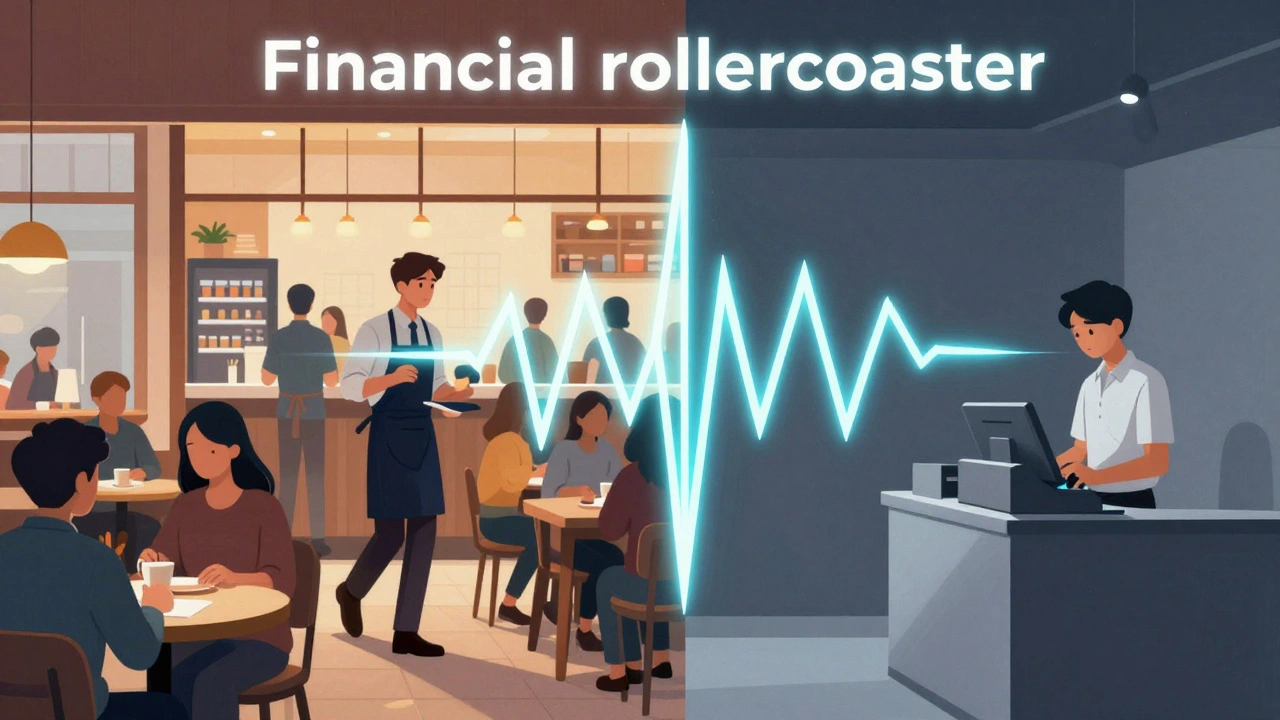 Conceptual art showing a busy cafe vs an empty store to represent income volatility