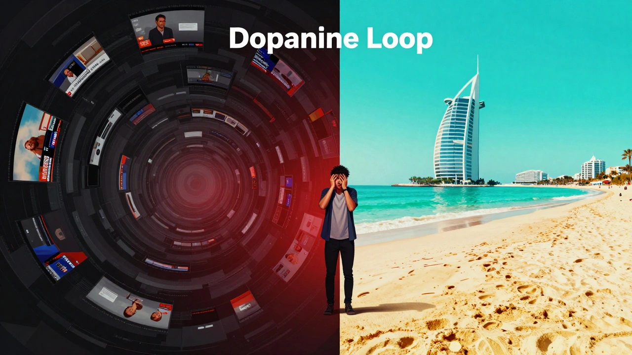 Conceptual art showing a student caught between negative news and idealized social media images.