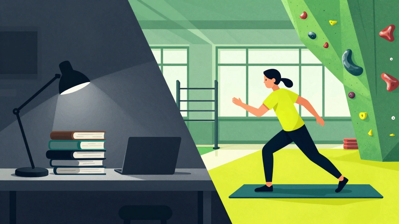 Conceptual art showing the transition from academic study to gym exercise for wellness