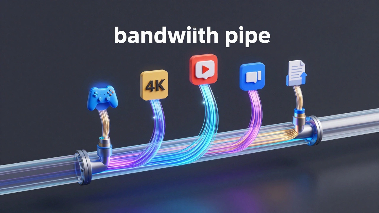Conceptual illustration of a data pipe supplying gaming, streaming, and video calls.