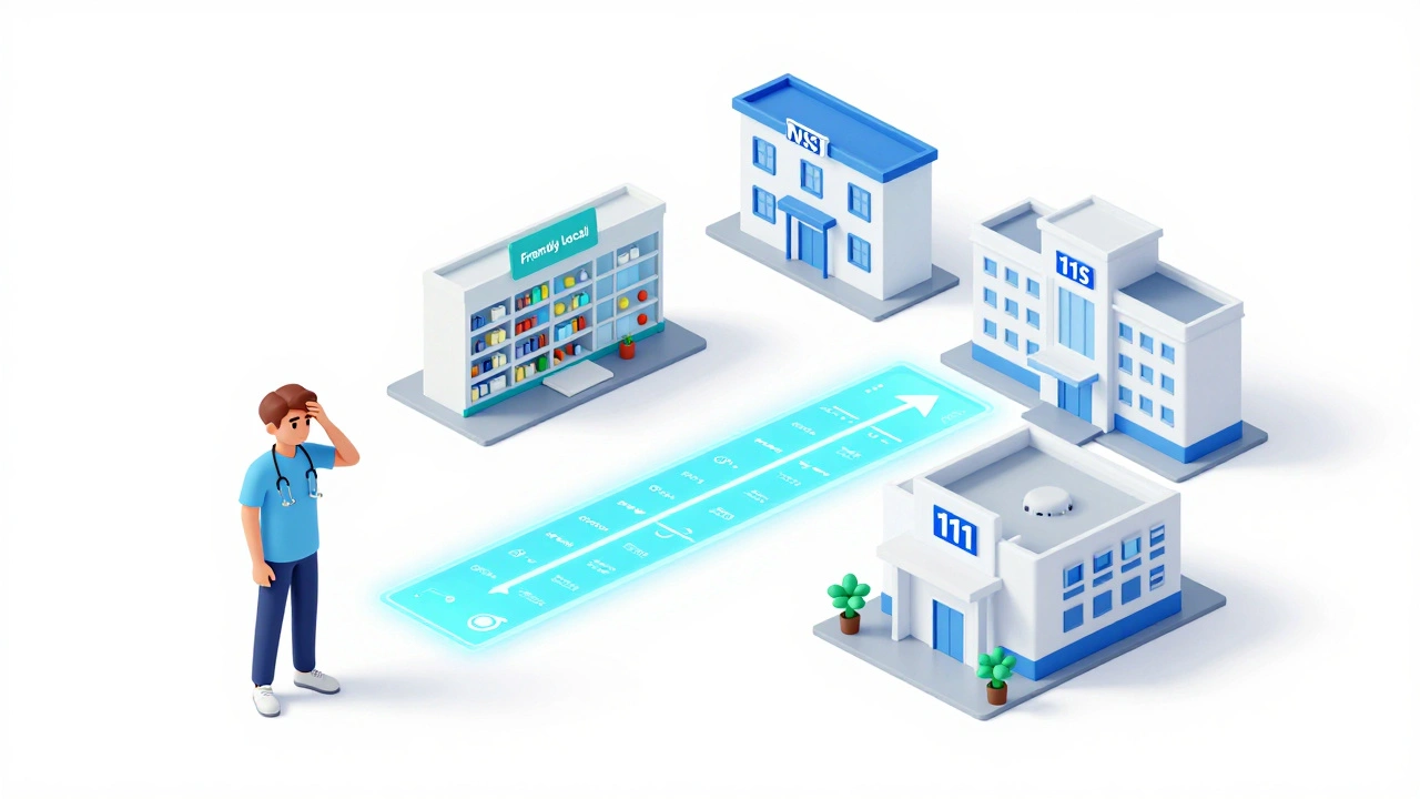 Conceptual illustration of NHS 111 as a bridge connecting a patient to various medical services.