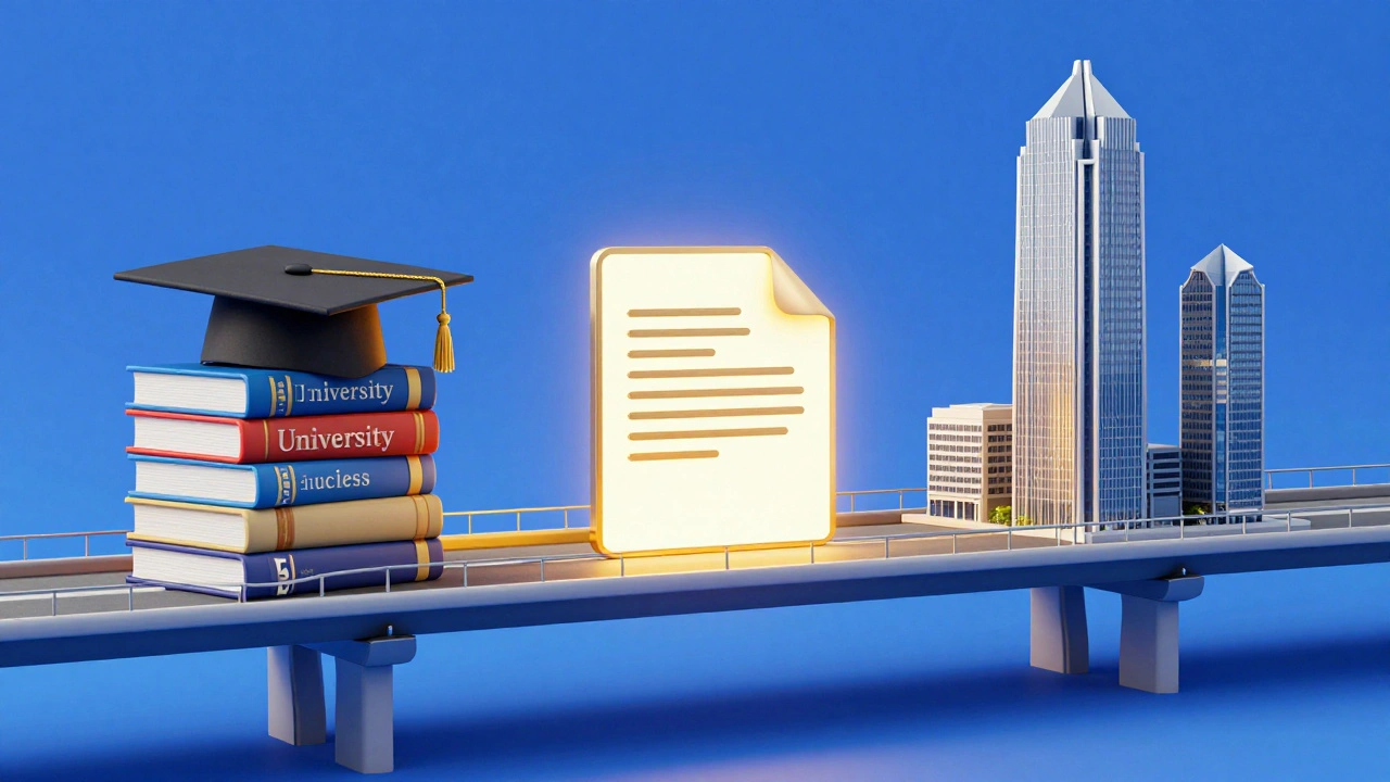 Conceptual image of a cover letter bridging the gap between university and a career.