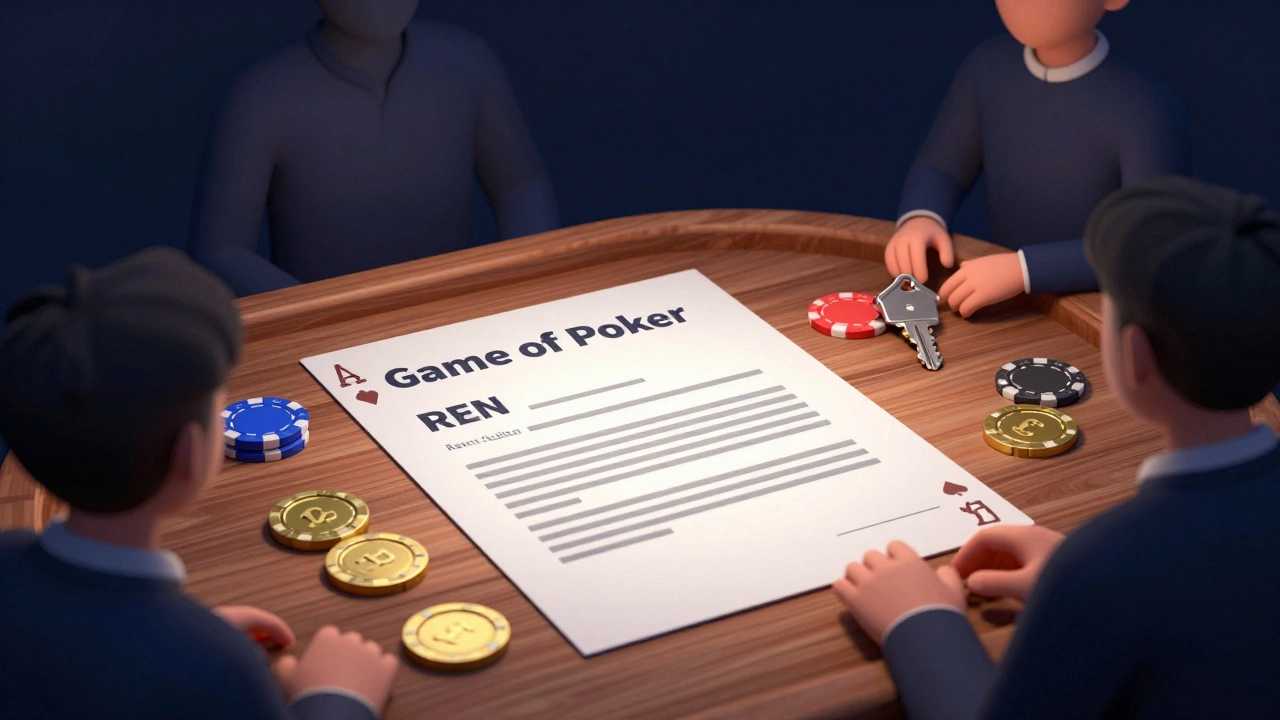 Conceptual image of a rental contract on a poker table with pound coins and keys as betting chips.