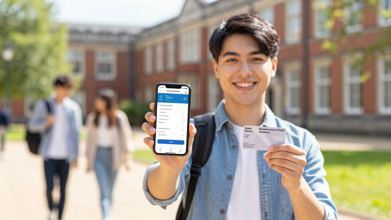 Confident international student holding a smartphone and a BRP card on a university campus.