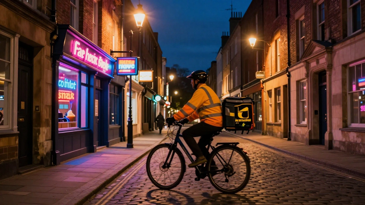 Delivery rider on an e-bike in a UK town at night