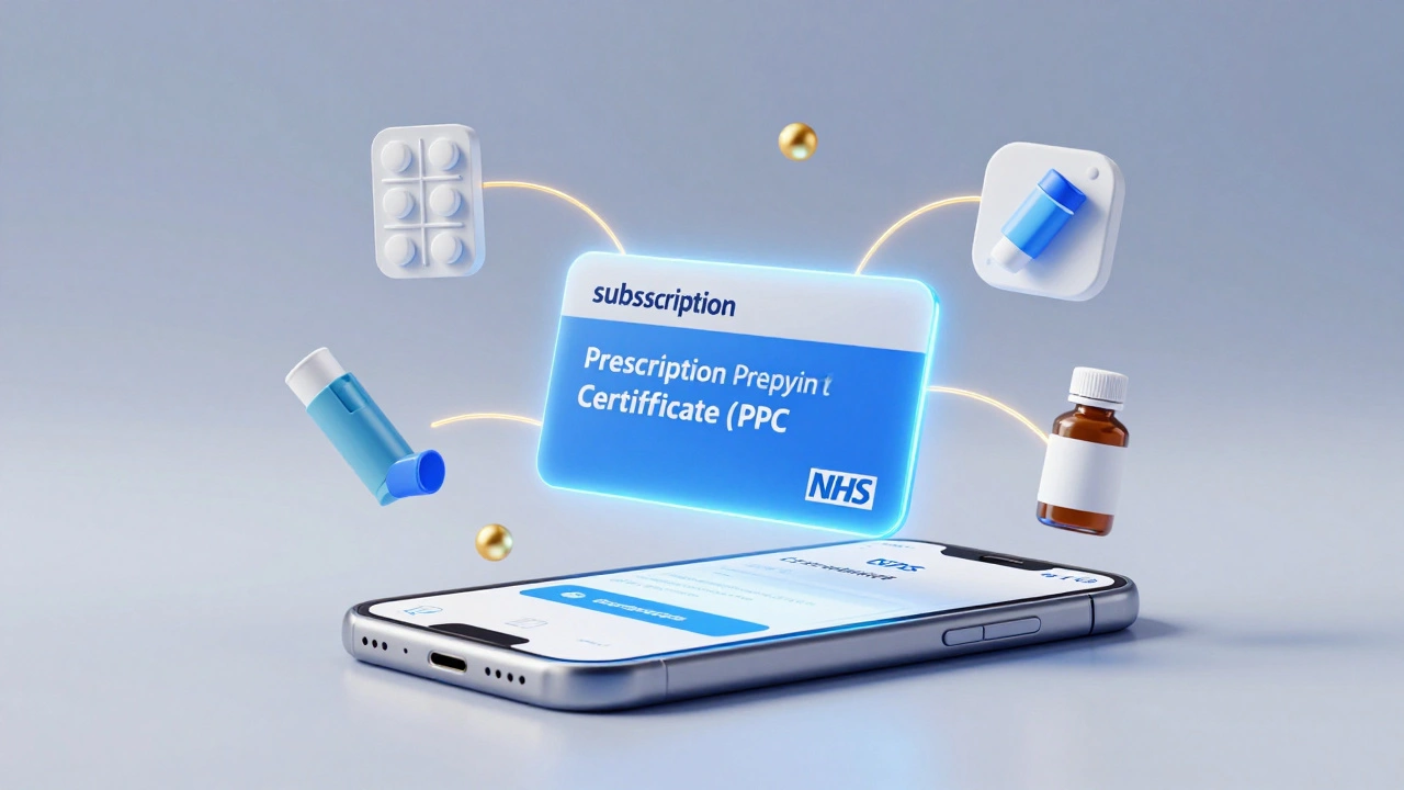 Digital holographic representation of an NHS Prepayment Certificate and medical icons.