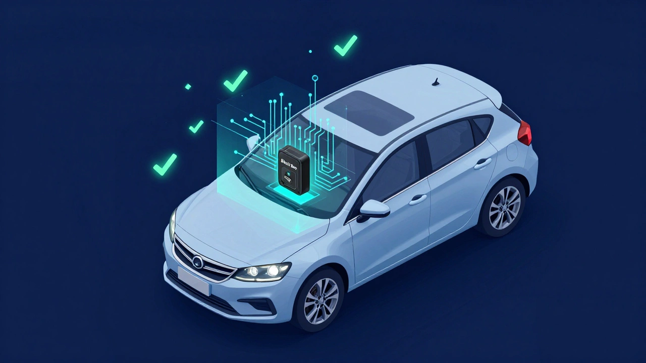 Digital illustration of a car with a telematics black box insurance system