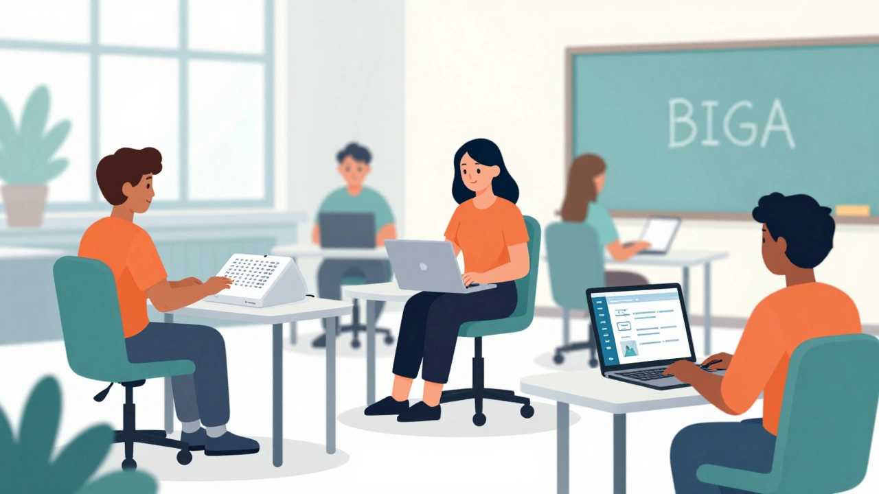 Diverse students using a Braille display and ergonomic equipment in a university setting