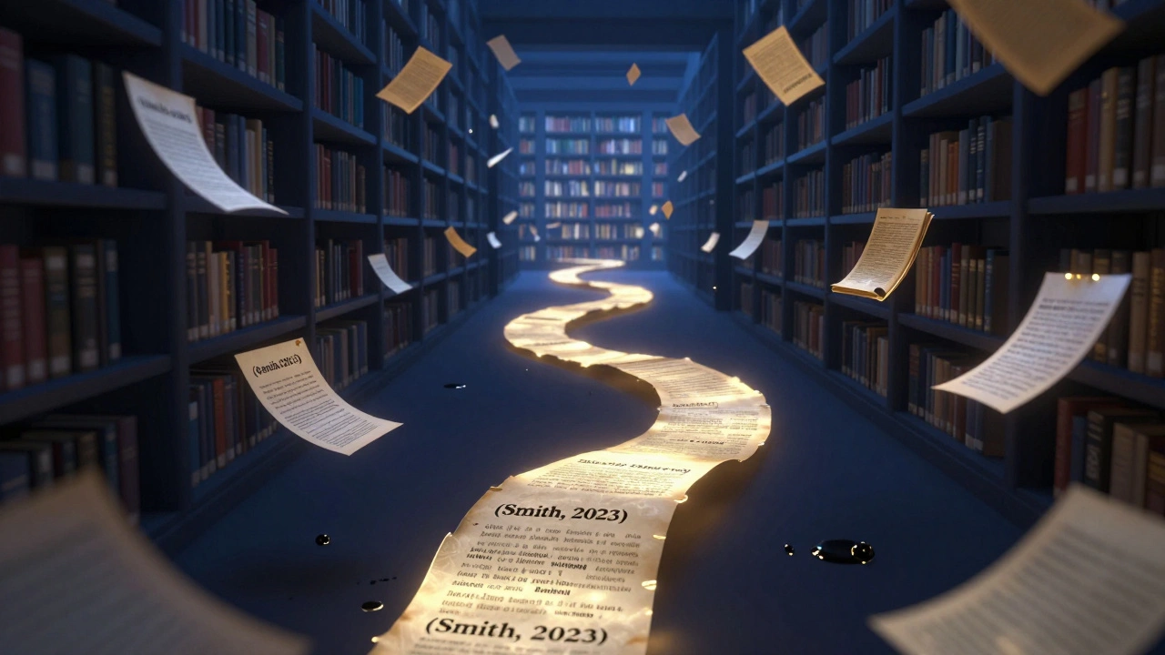 Glowing citation fragments forming a trail through a conceptual library void.