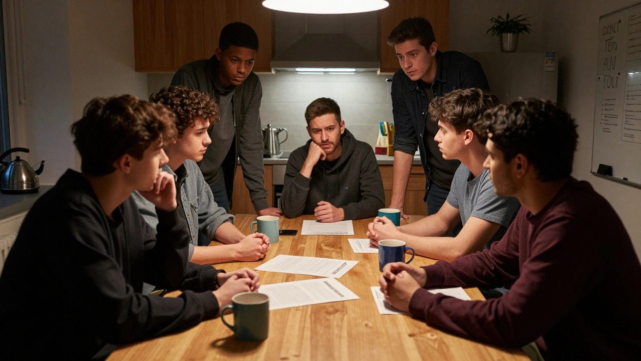 Group of students in a shared kitchen discussing a joint tenancy agreement.