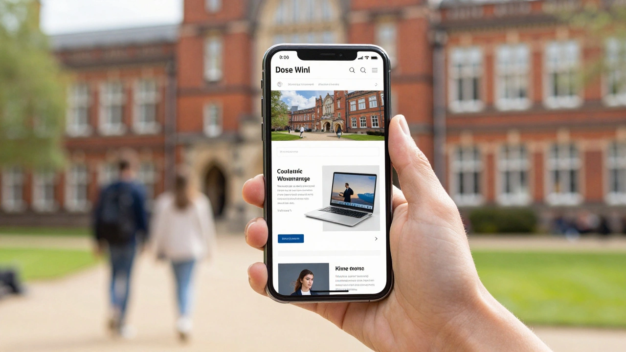 Hand holding a smartphone displaying a fast-loading blog on a UK university campus.