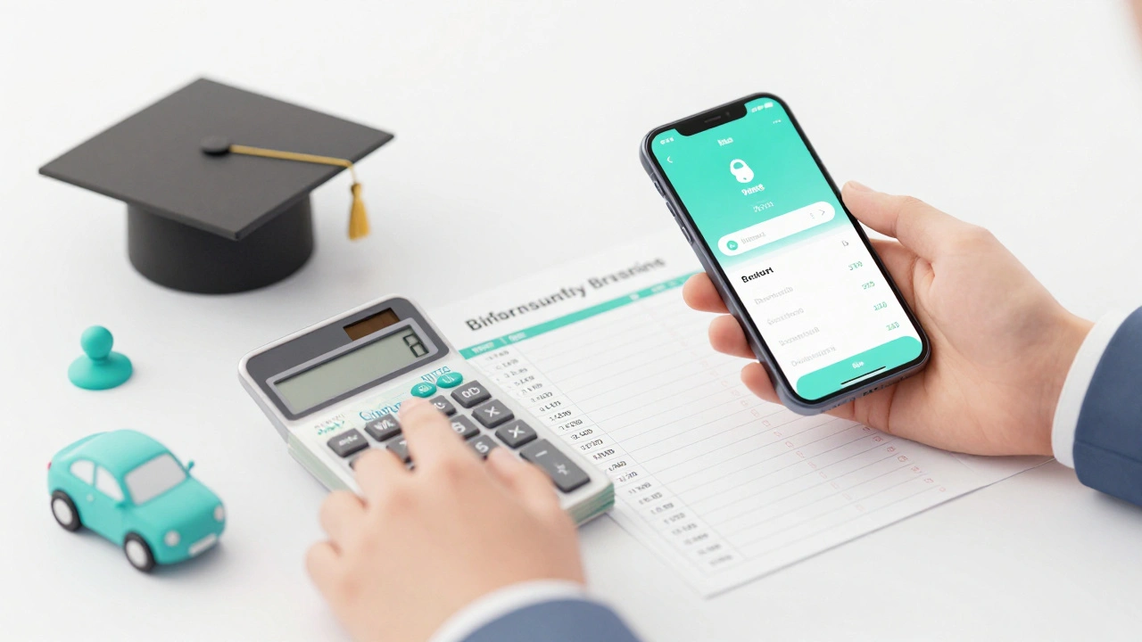 Hands organizing a budget with British pounds and academic symbols