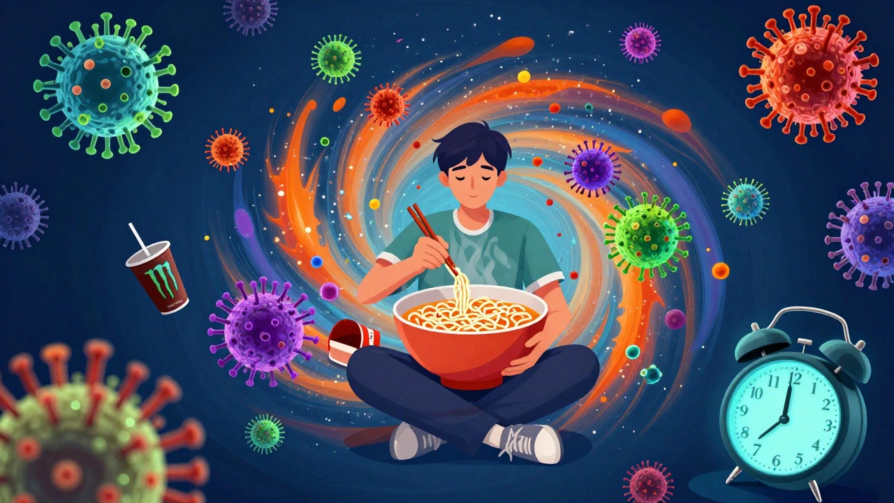 Illustration of a student surrounded by colorful virus particles and junk food