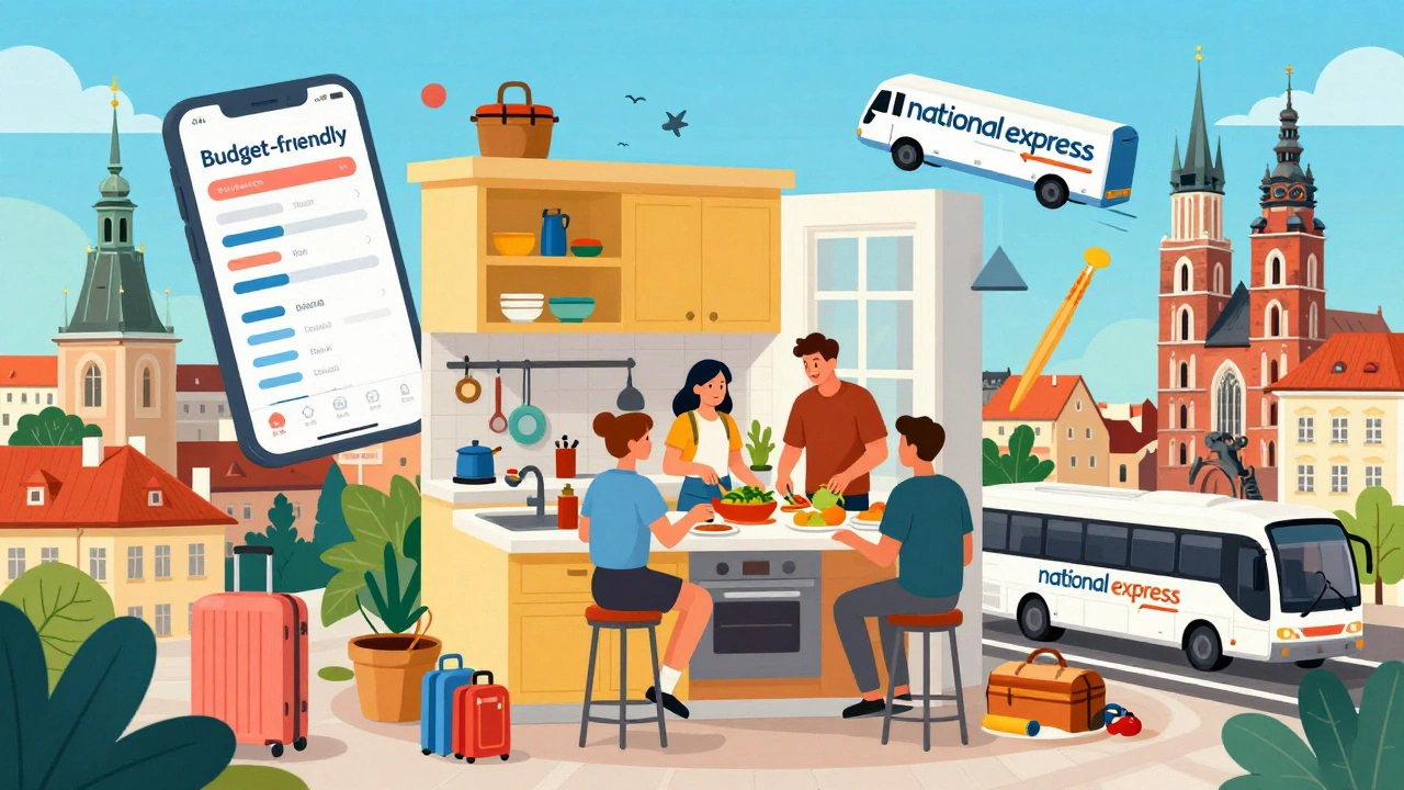 Illustration of students cooking in a shared apartment with travel symbols and cityscapes