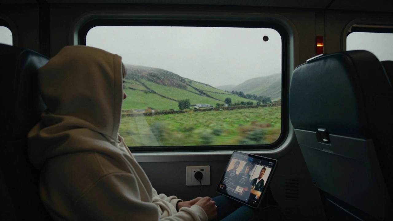 Interior view of a coach passenger with a tablet and a view of the rainy British countryside