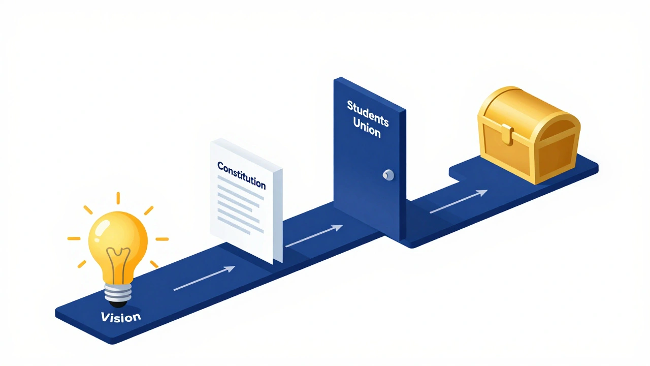 Isometric conceptual path showing the steps from a vision to society funding.