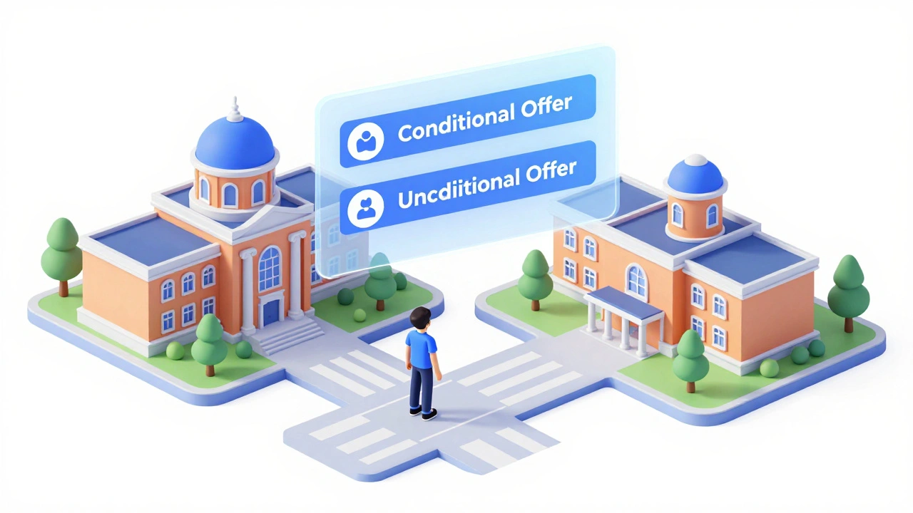Isometric illustration of a student choosing between two different university options.