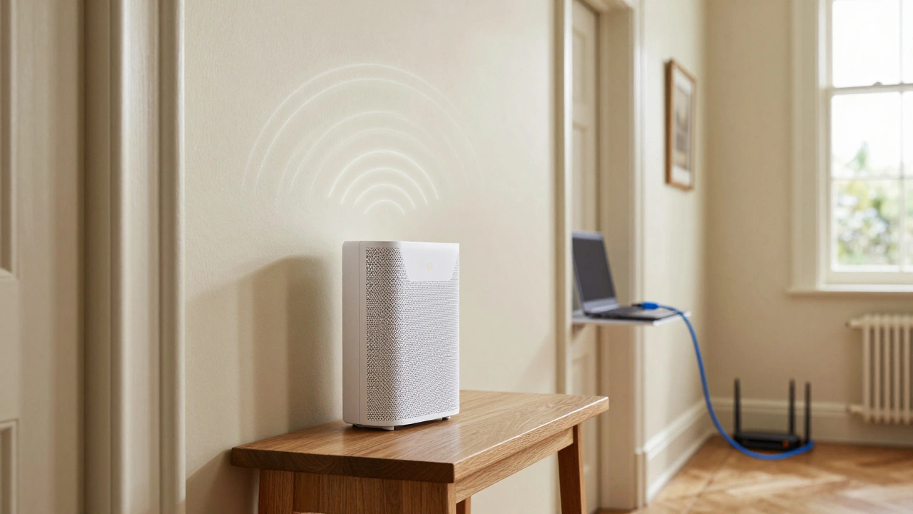 Mesh WiFi node and Ethernet cable installation in a traditional UK house hallway.