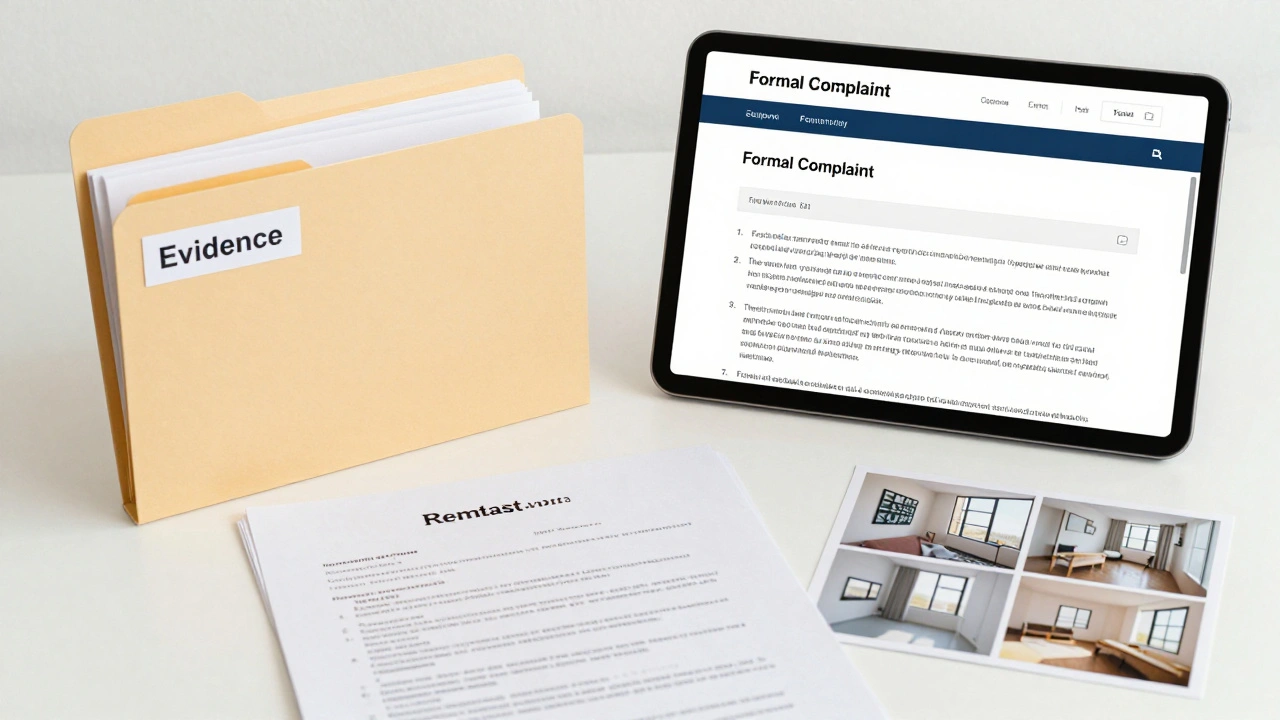 Organized folder of evidence and a formal complaint email on a tablet