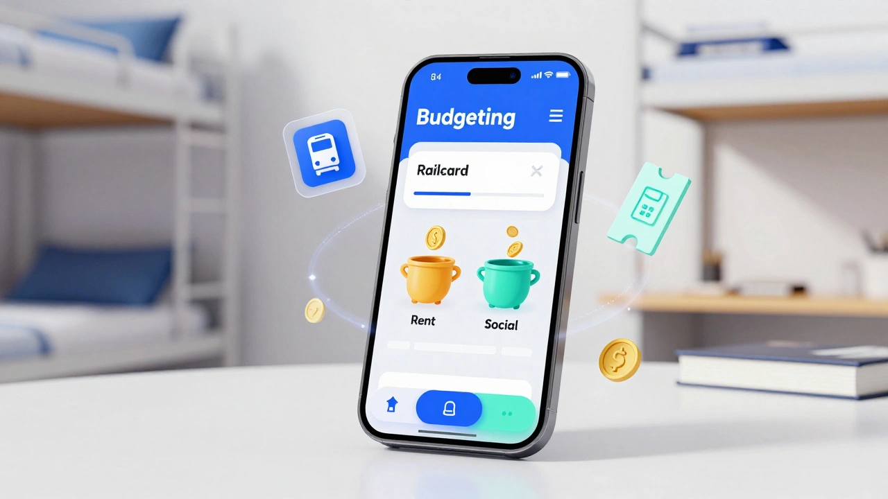 Smartphone app showing digital budgeting pots and travel perk icons floating around it.