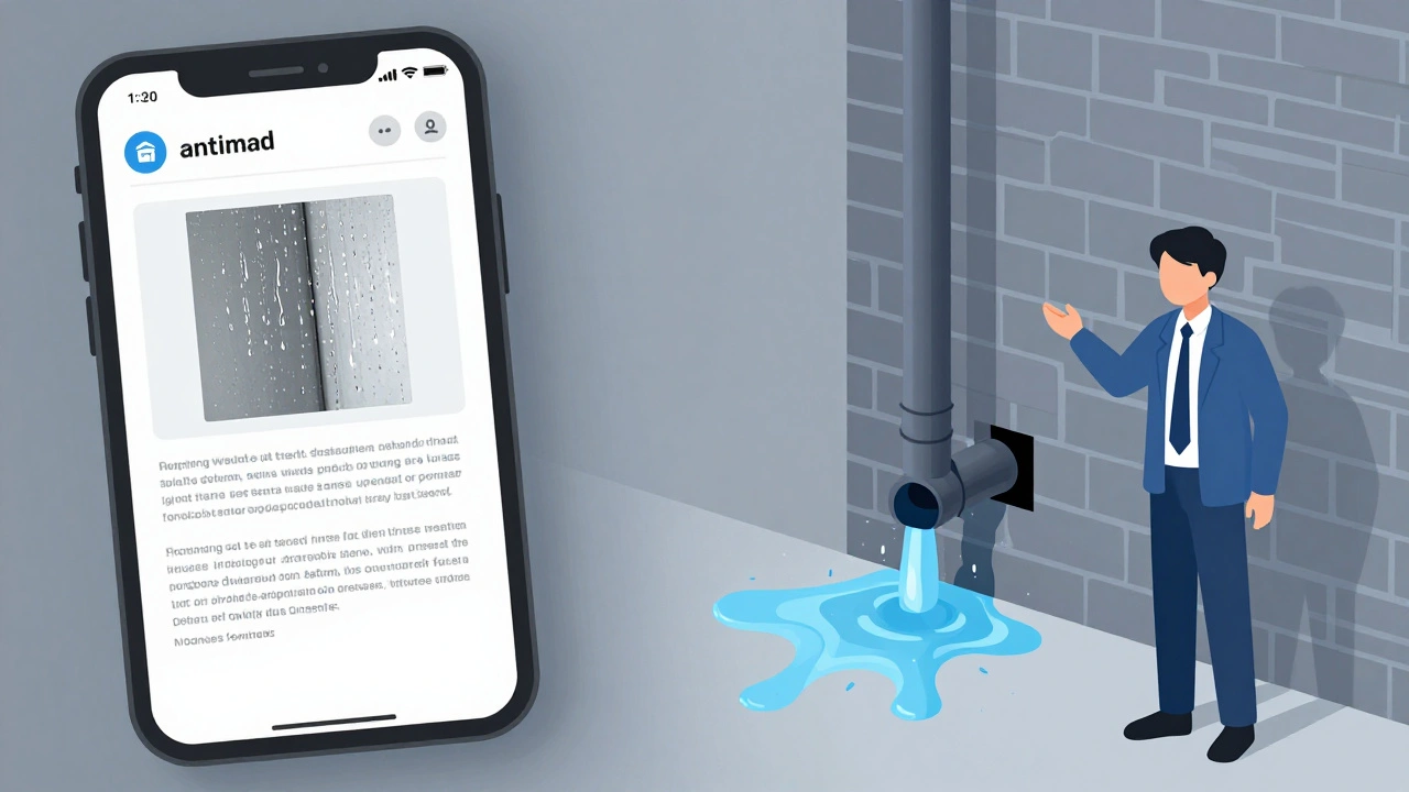 Split image showing a formal email report and a cross-section of a leaking wall pipe.