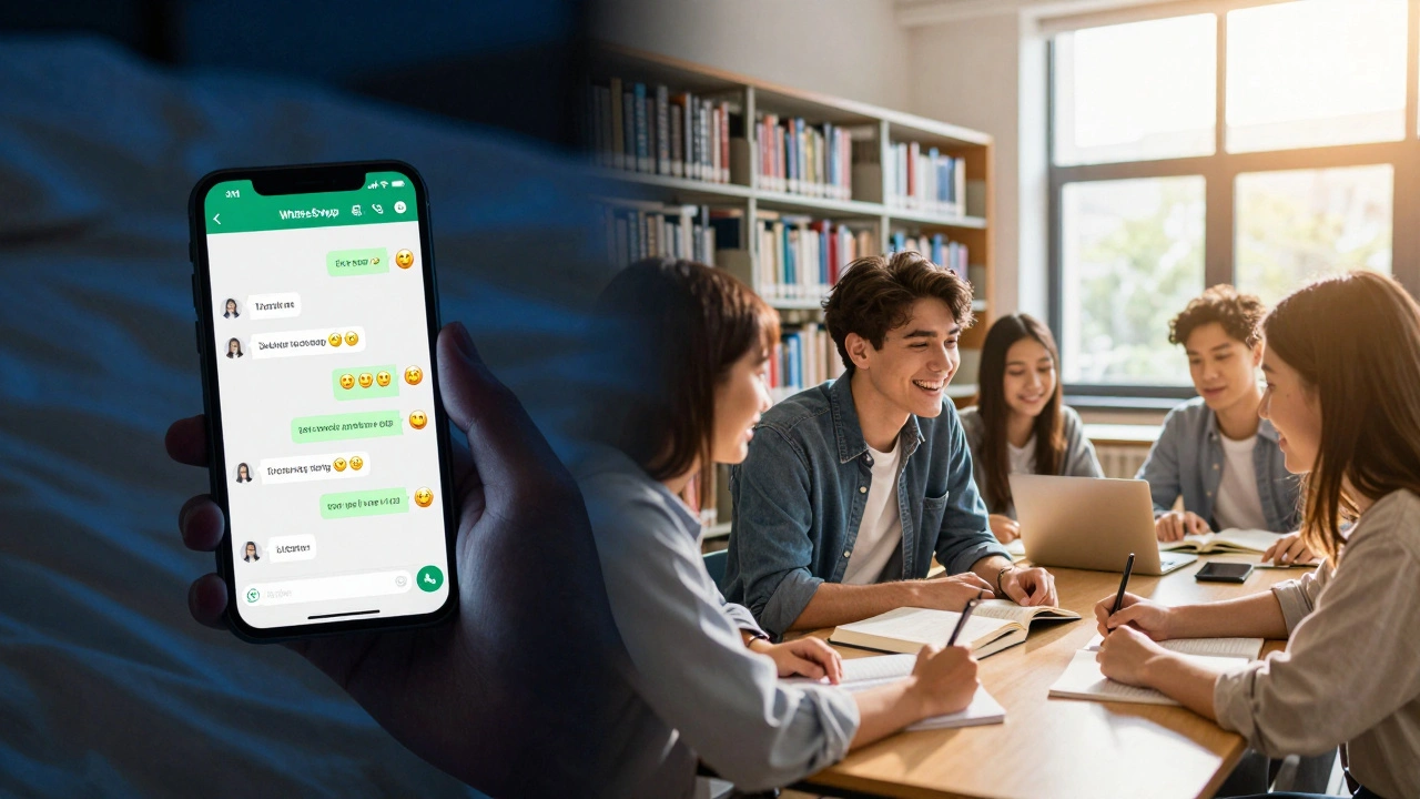 Split scene showing a digital chat on one side and a study group in a library on the other.