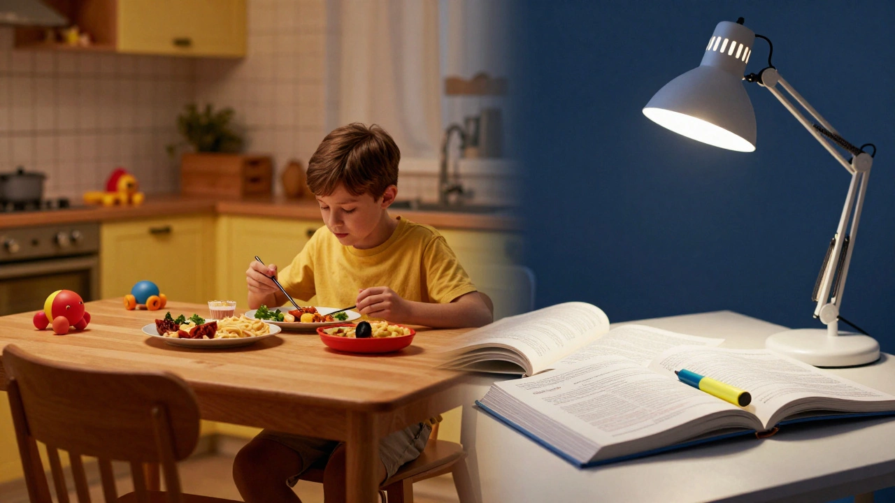 Split scene showing a home environment and a dedicated student study space with textbooks.