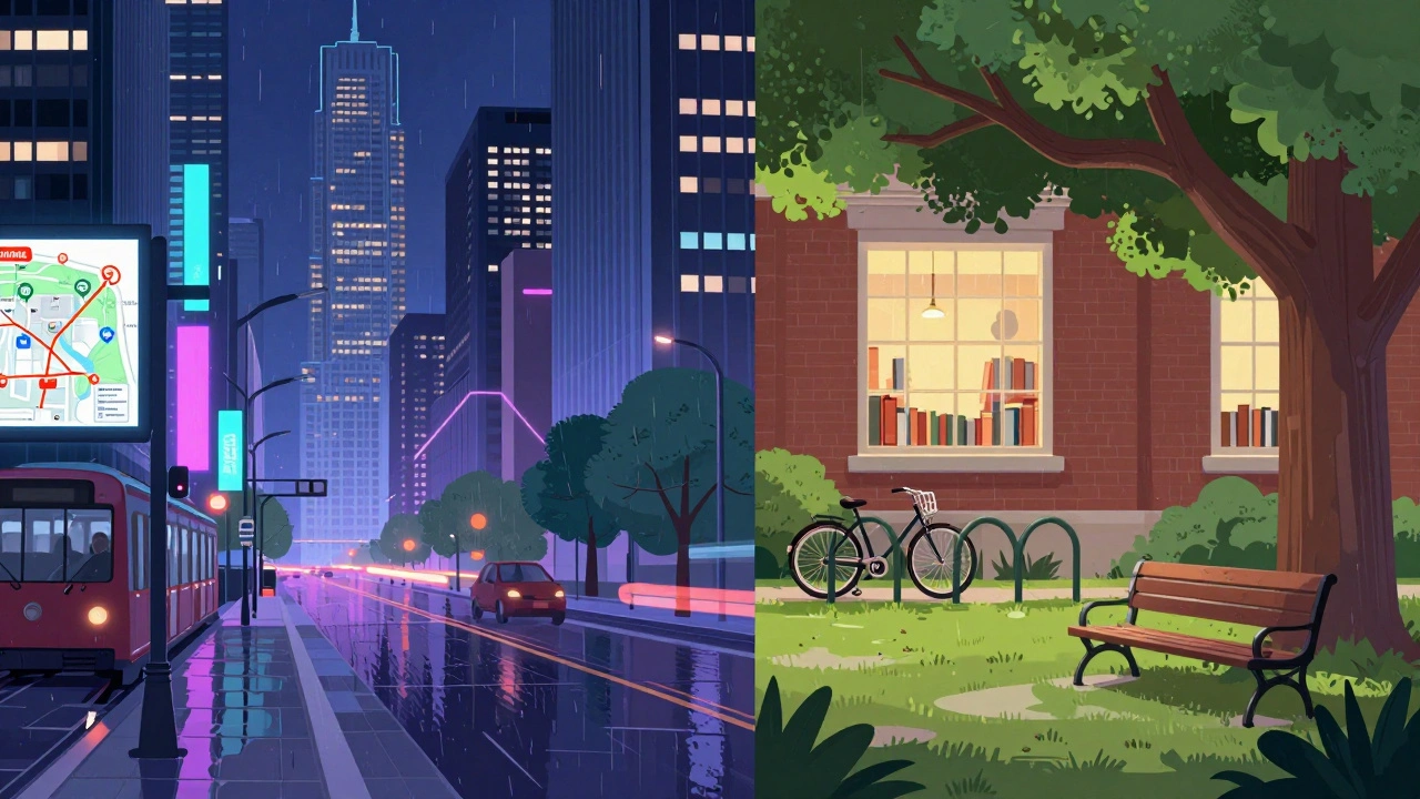 Split screen comparison between a vibrant city metropolis and a peaceful university campus