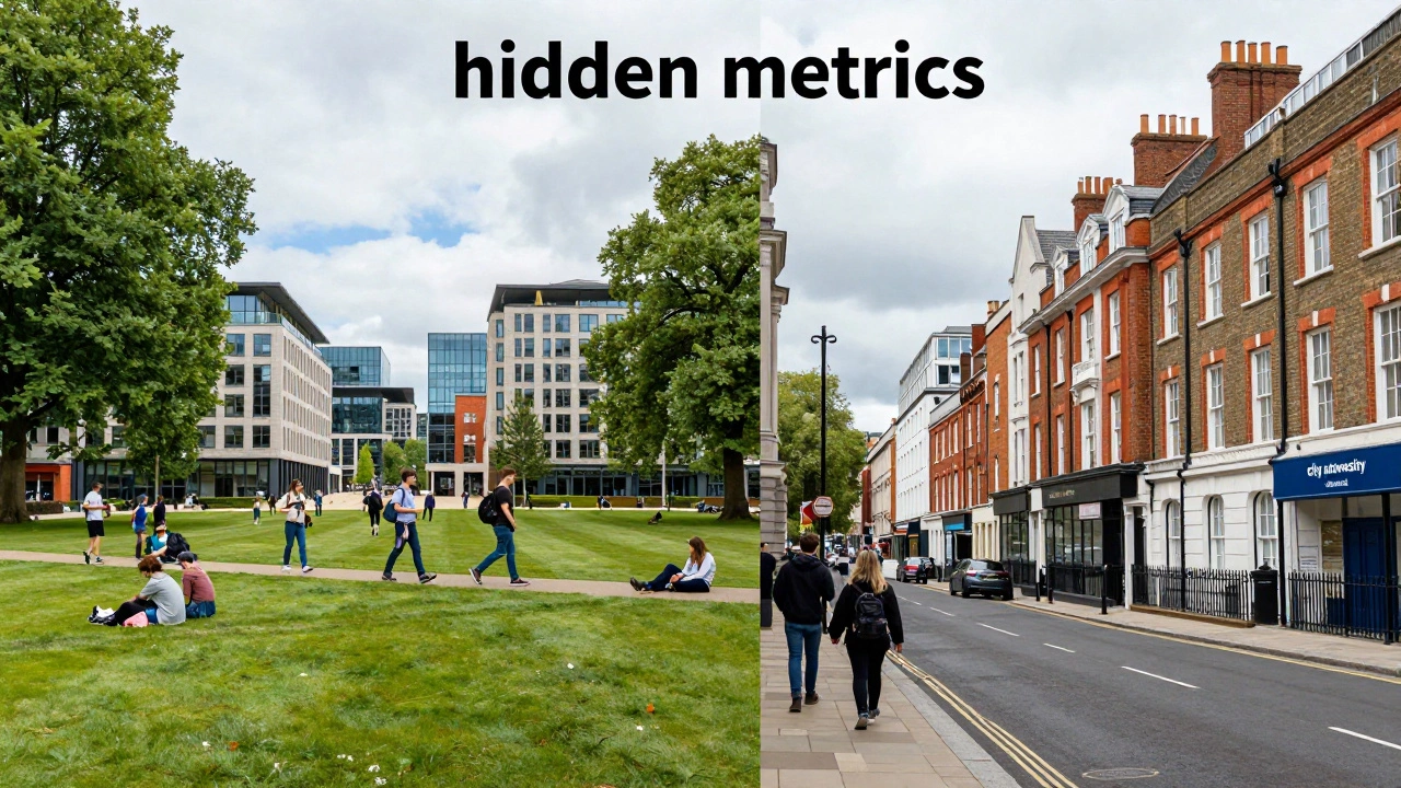 Split view of a green university campus and a bustling urban city university setting.