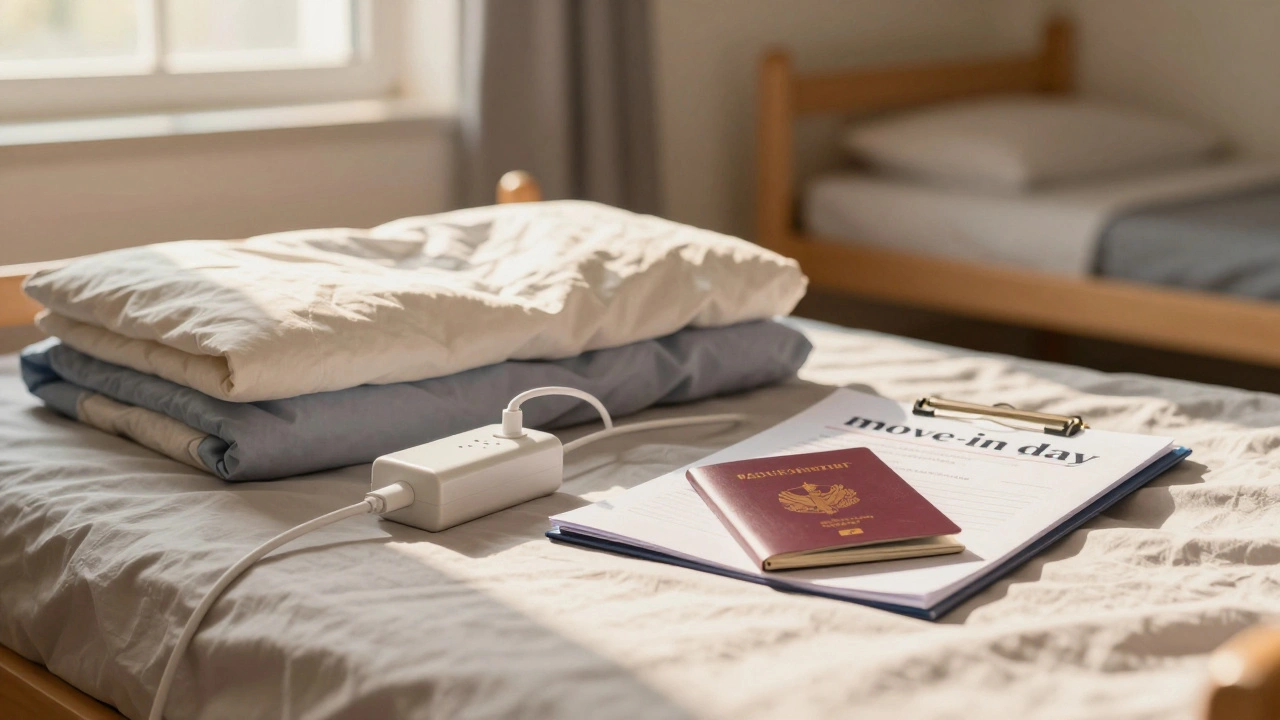 Student essentials including a passport and extension lead on a bed in a dorm room