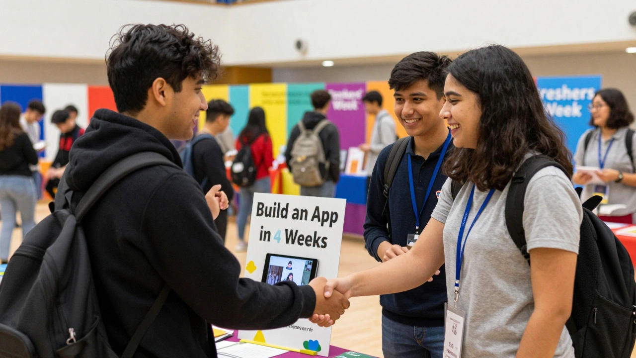 Student leader welcoming a new member at a vibrant university society stall during Freshers' Week.