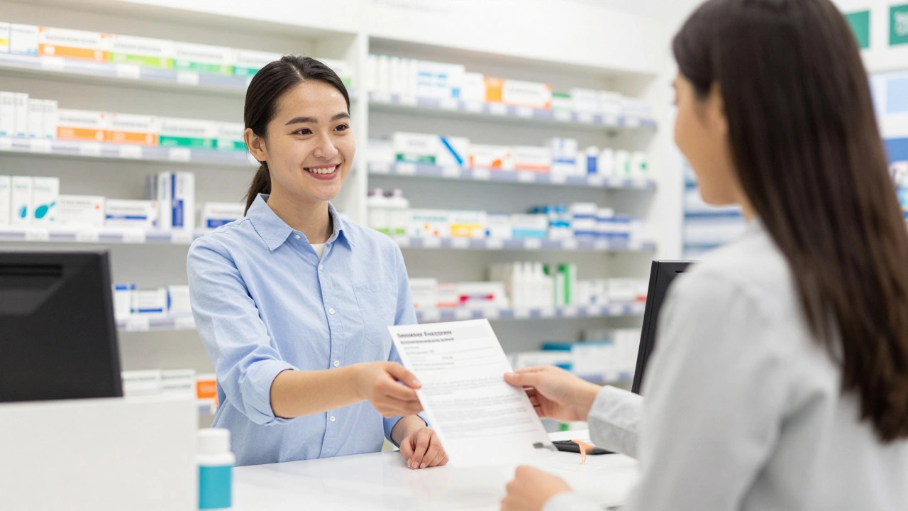 Student smiling while presenting an exemption certificate to a pharmacist.