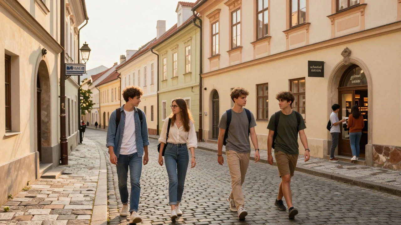 Students exploring a sunny European cobblestone street with some walking apart