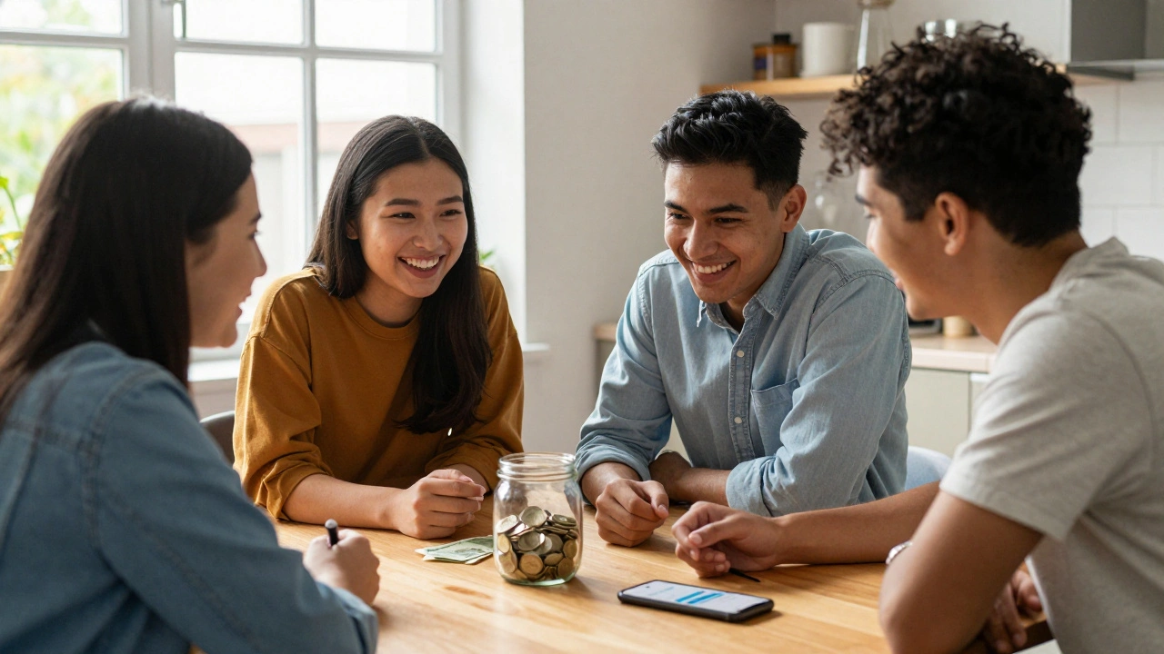 Students in a kitchen managing their shared energy budget with a money jar
