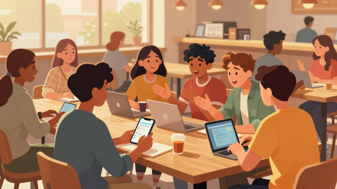 Students interacting and socializing in a vibrant university union cafe.