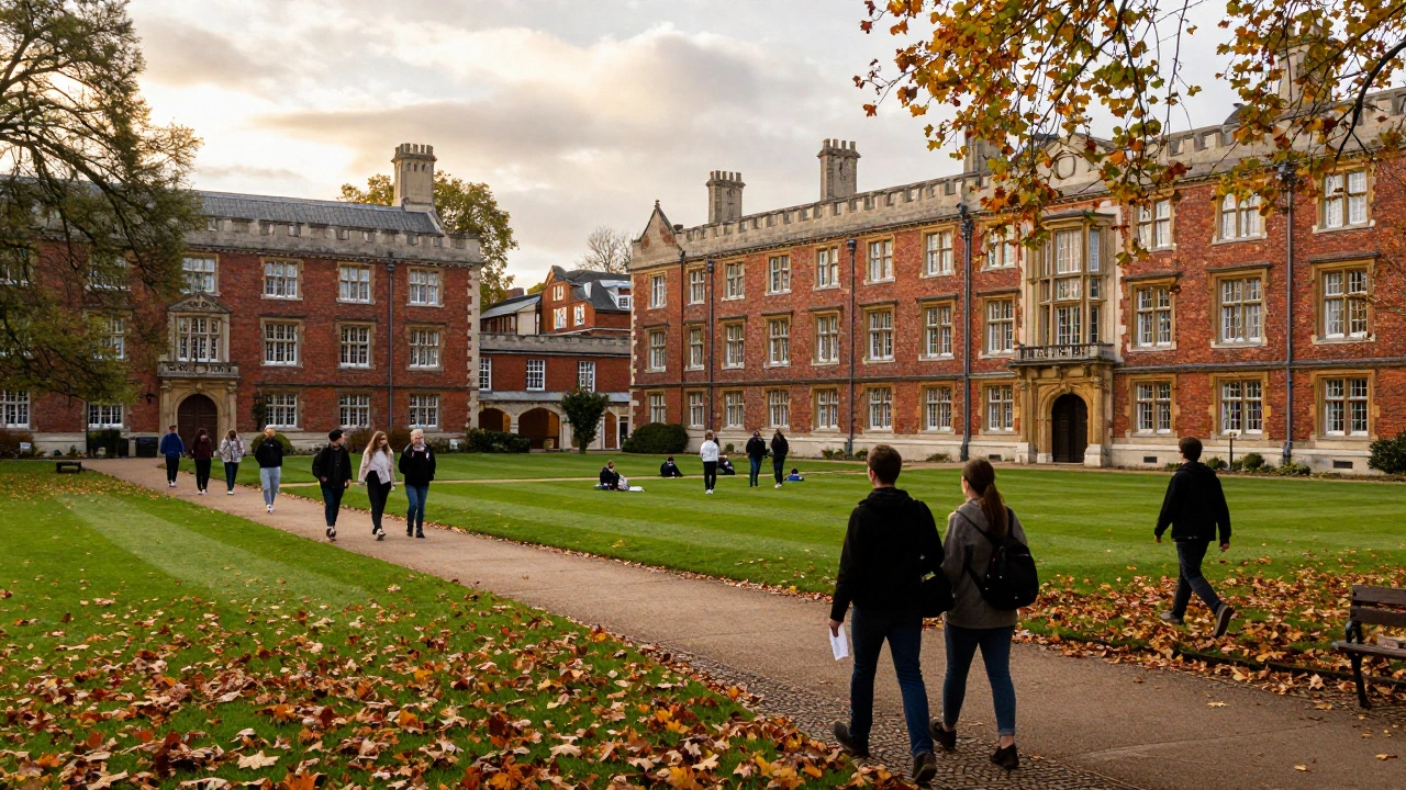 Students walking through a traditional red-brick university campus with autumn leaves