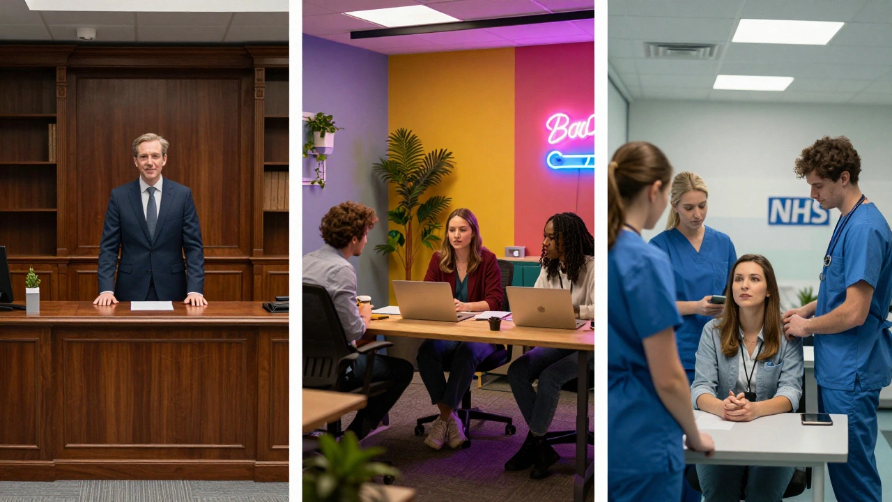 Three different UK work environments: corporate finance, creative agency, and the NHS.