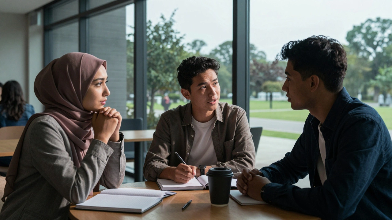 Three university students from different faith backgrounds engaged in a deep conversation.