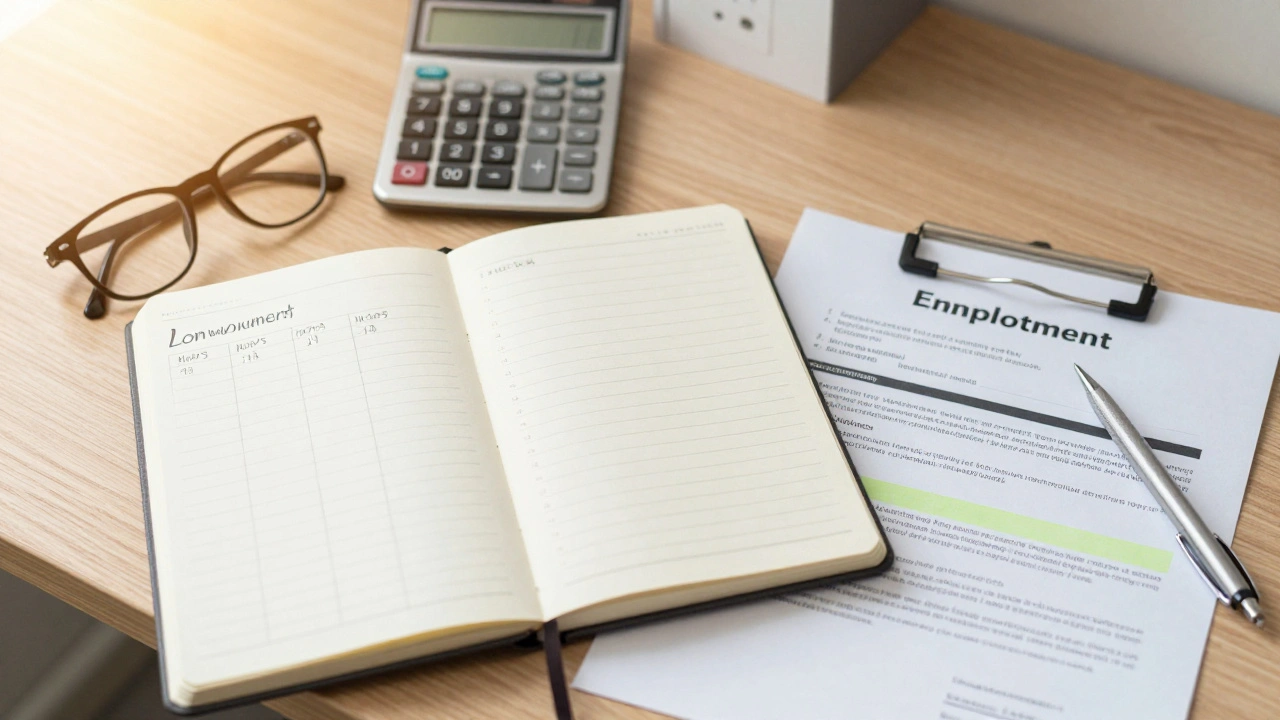 Top-down view of a student's desk with a work hour log and employment contract