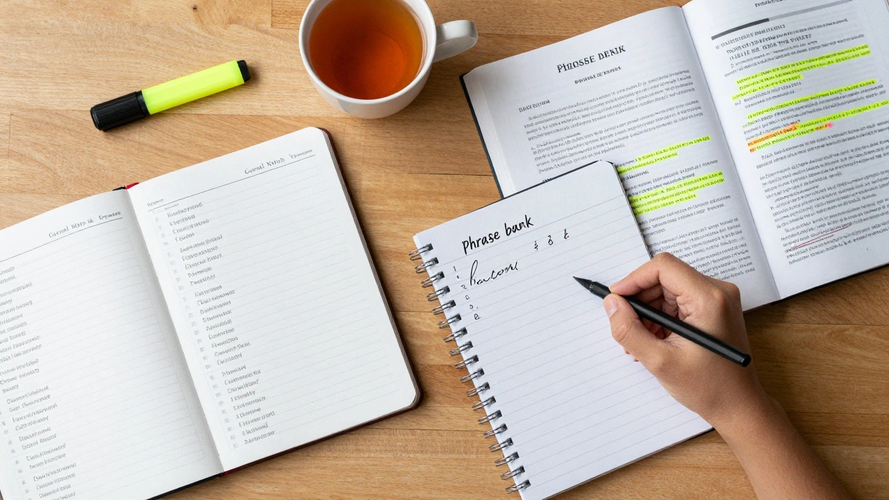 Top-down view of a student's desk with Cornell notes, a journal, and a phrase bank notebook.