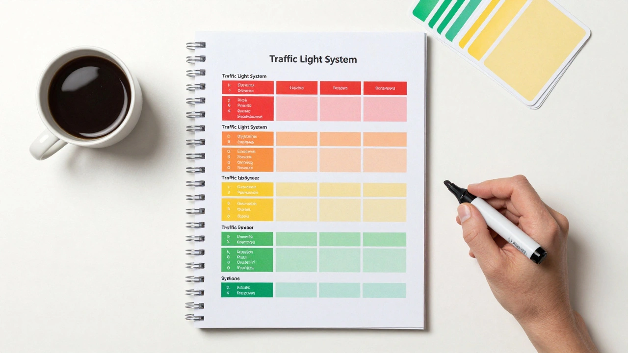 Top-down view of a syllabus categorized with red, amber, and green highlights for prioritization