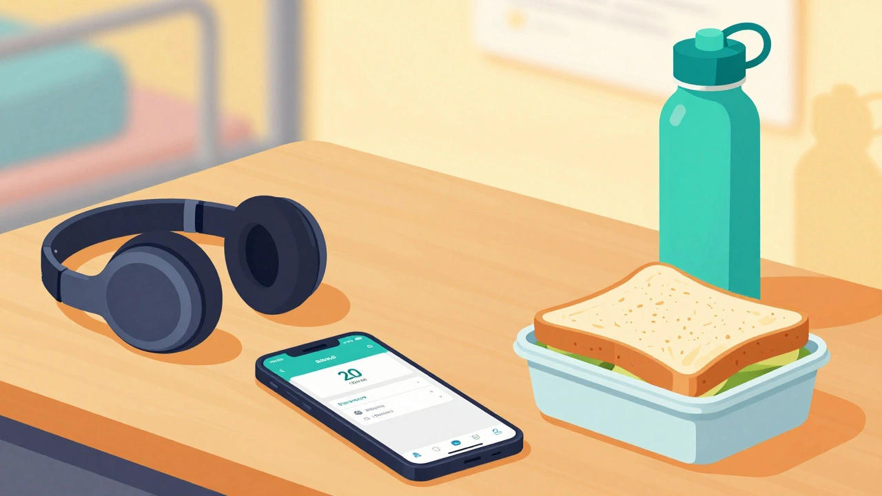 Travel essentials including noise-cancelling headphones and a phone with a booking app